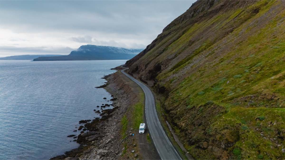 Panoramic views of a winding road in the Westfjords of Iceland