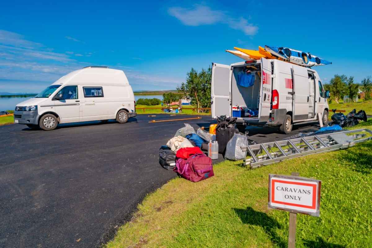 A camper camps in a permitted area near Lake Myvatn in Iceland.