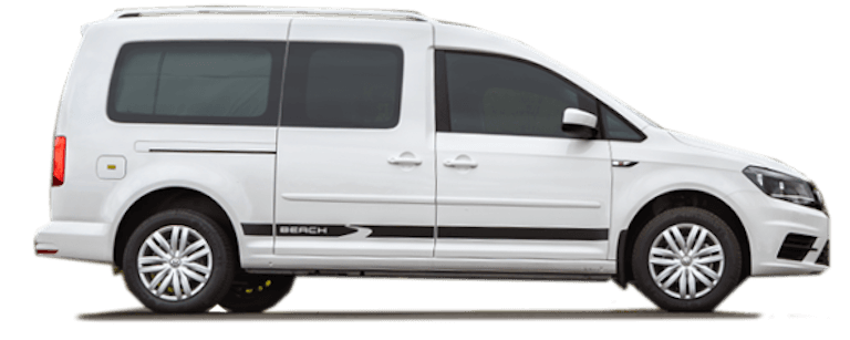 Compact Campervan Side Profile on Light Background Cropped side view of the rear half of a white compact campervan with tinted windows, alloy wheel, and a “Beach” trim decal, isolated on a light background.