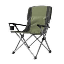 Folding camping chair with cup holder. add-on for Iceland campervan trips Studio photo of a green folding camping chair with black armrests, built-in cup holder on the left arm, and a lightweight cross-leg aluminum frame on a gray background. portable seating accessory available with our Iceland campervan rentals.