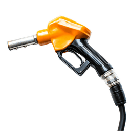 Refueling your campervan in Iceland. petrol & diesel basics Close-up studio photo of a fuel pump nozzle with an orange head and black handle attached to a hose on a gray background, representing refueling and fuel prices for Iceland road trips.