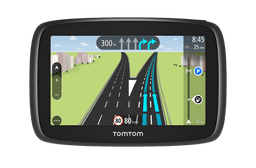 TomTom GPS with lane guidance. optional add-on for Iceland road trips Close-up of a TomTom navigation unit showing a highway map with blue lane guidance, a right-turn instruction in 300 m, speed limit icon, ETA/time, and parking symbol. illustrating the GPS accessory available with our Iceland campervan rentals.