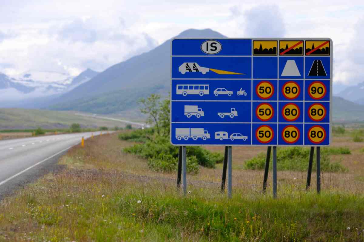 Large roadside board displaying Iceland speed limits in the countryside with mountains behind.